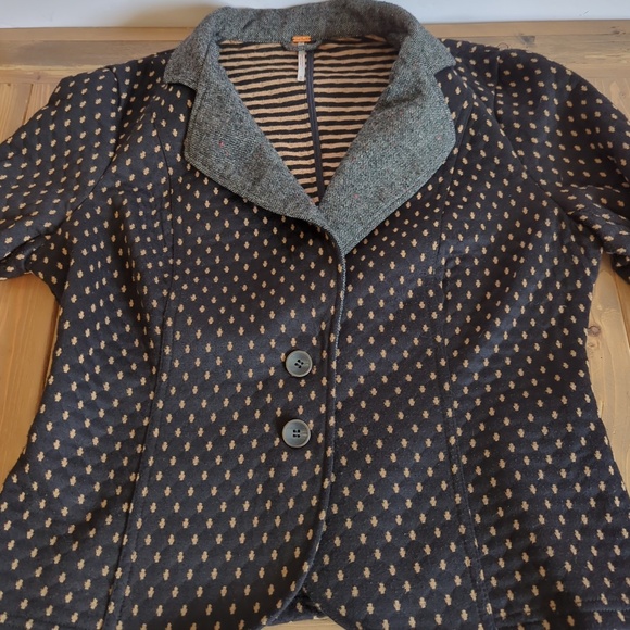 Free People Black Tan Quilted Polka Dot Knit Blazer Jacket - Picture 4 of 15